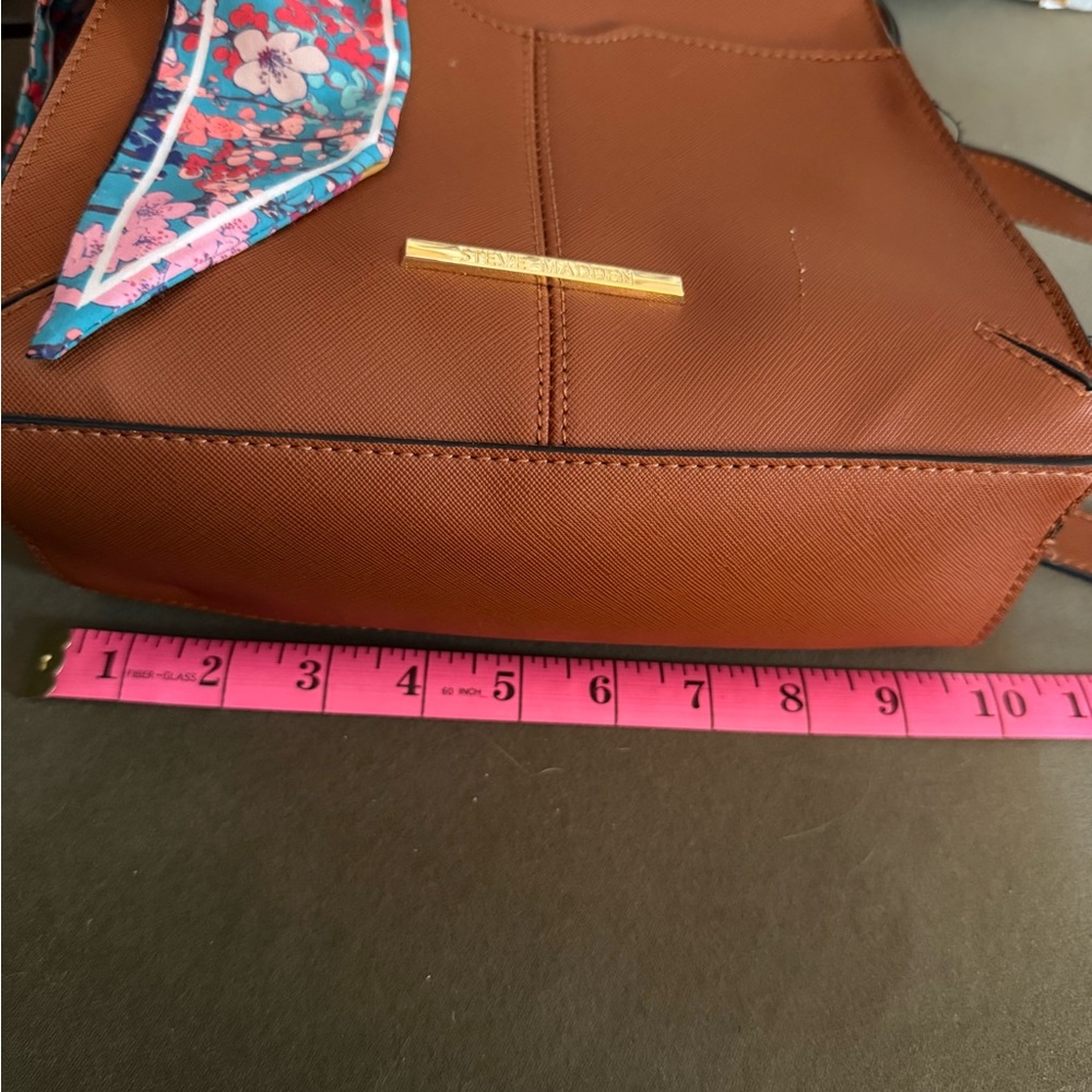 Steve Madden Brown Faux Leather Crossbody Satchel with Floral Scarf - Picture 5 of 7